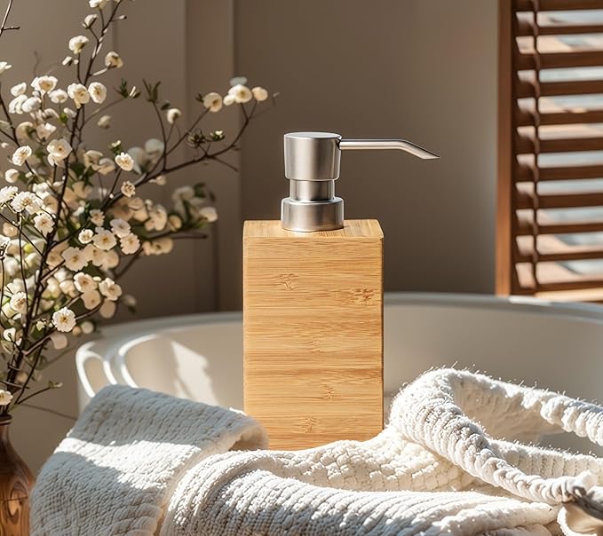 Bamboo Soap Dispenser with Anti-Slip Pads and Stylish Horizontal Wood Grain, Hand Dispenser for Bathroom, Kitchen, Dish, Lotion, Shampoo, Liquid Soap (7 Oz)