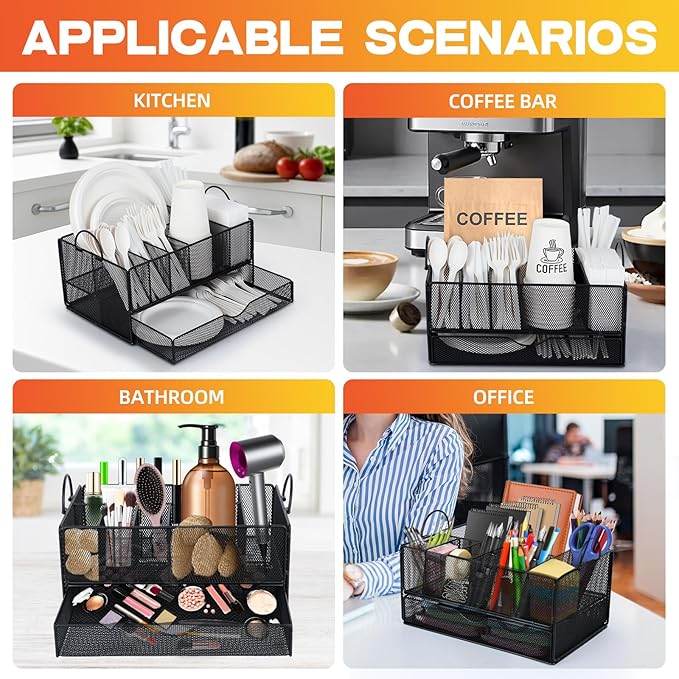 Paper Plate Organizer for Countertop, Paper Plate Dispenser with Drawer and 6 Compartments, Utensil silverware Caddy Holder, Black Cutlery Flatware Organizer with Non-slip mat