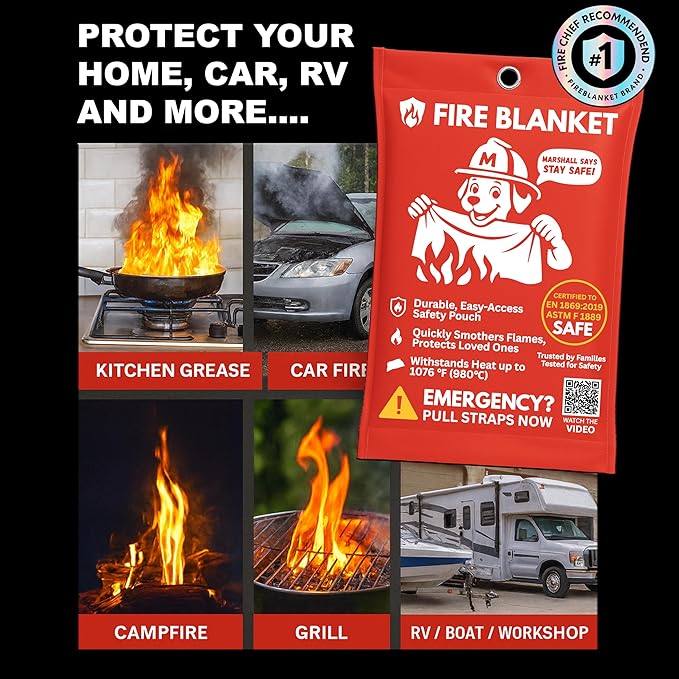 Marshall Fire Blankets Emergency for Home 2 Pack – 40x40 Fire Blanket Made in The USA. Fire Suppression for Kitchen, Business, Car, RV. Less of A Mess Than A Fire Extinguisher. Non-Toxic, Food Safe.