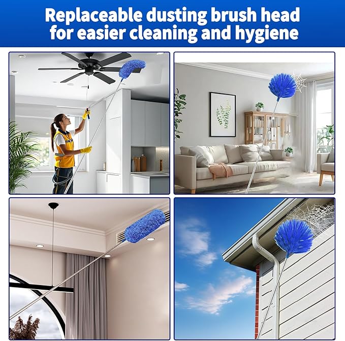 Cobweb Duster with Extension Pole, Washable Cleaning Duster Set with 2 Duster Heads, Spider Web Brush with Pole,high Ceiling Duster with Extension Pole,Cleaning Supplies,Ceiling Fan Cleaner