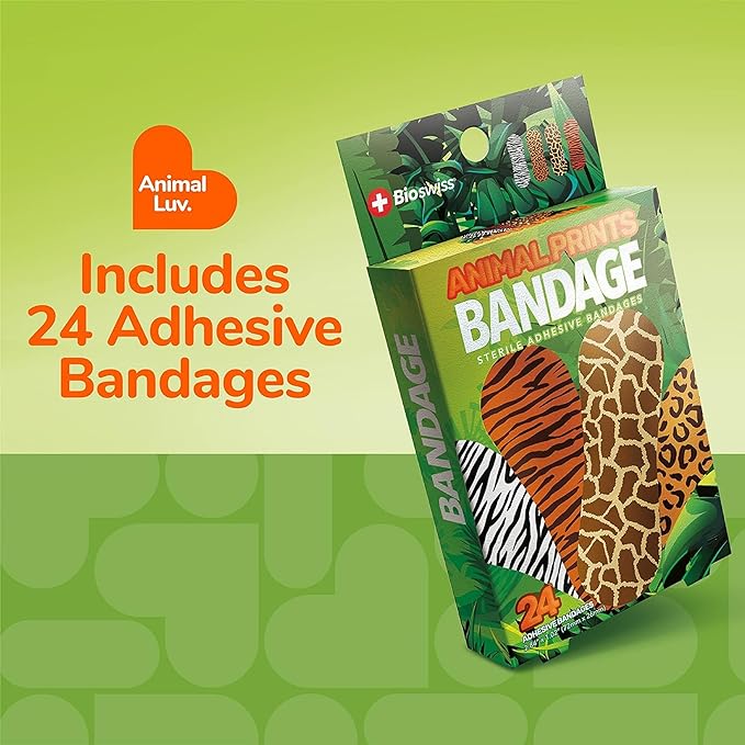 BioSwiss Kids Bandages, Animal Print Shaped Self Adhesive Bandage Set, Latex Free Sterile Wound Care, 24 Count