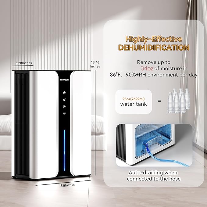 95oz Home Dehumidifier, (950 sq.ft) Quiet dehumidifier for Bedroom Bathroom with Drain Hose, with Air Reusable Filter Indoor deshumidificador for Basement RV Closet
