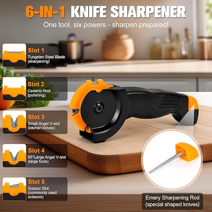 6-in-1 Garden Tool & Kitchen Knife Sharpener with Ceramic, Professional Knives Sharpener for Sharpens & Polishes Blades, Lawn Mower Blades, Axe, & Scissors Sharpening Tool with Non-Slip Grip
