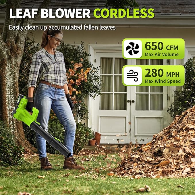 Leaf Blower Cordless, 21V Electric Leaf Blower with 2 x 4.0Ah Battery and Charger, 650 CFM & 280 MPH Powerful Leaf Blowers, Lightweight Small Leaf Blowers for Garden, Patio, Lawn Care (Green)