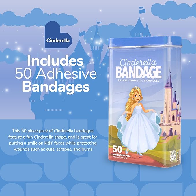 BioSwiss Kids Bandages, Princess Cinderella Shaped Self Adhesive Bandage Set, Latex Free, Sterile Wound Care, 50 Count
