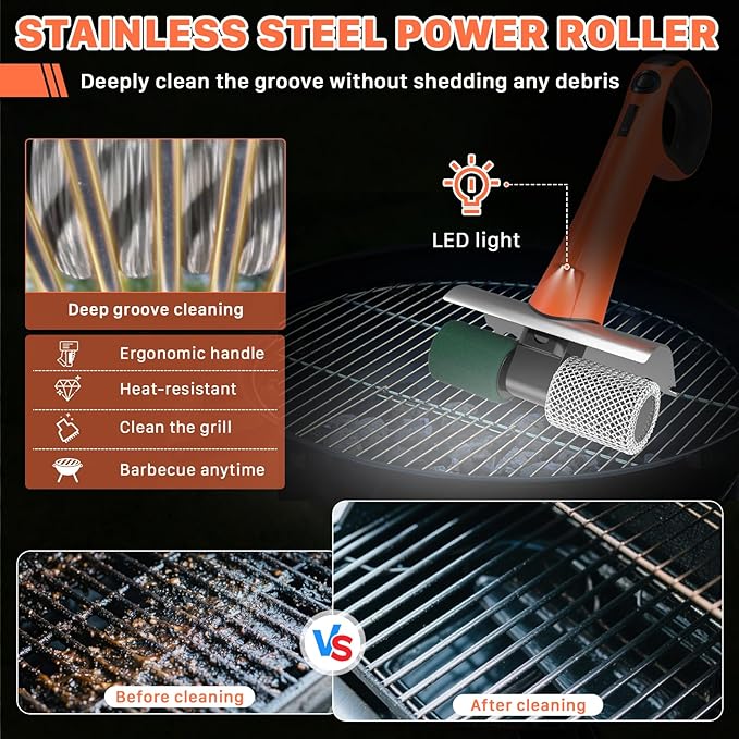 Hillyfe Electric Grill Cleaner for Outdoor,Cordless Rechargeable Grill Brush with 3 Brush Heads, 450RPM,2 Hours of Continuous Operation,LED Light,Grill Scraper,Grilling Gifts for Men,Orange