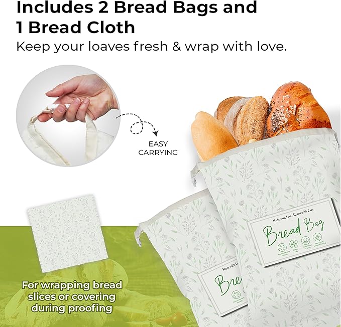 Reusable Beeswax Bread Bags for Homemade Sourdough – Organic Cotton Bread Storage, Keeps Loaves Fresh, Freezer Safe, Plastic-Free, Beeswax Wrap for Food Storage, 2 Pack XL Size