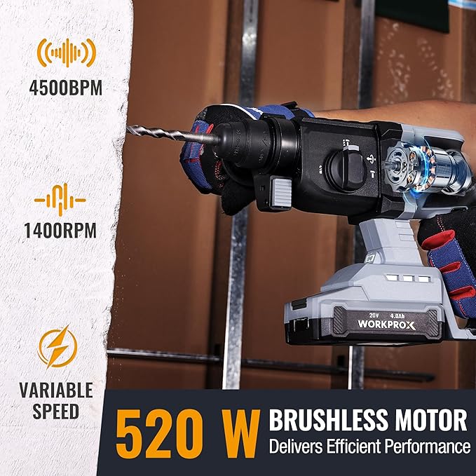 WORKPROX 20V Cordless Rotary Hammer Drill, 7/8" SDS-Plus, 2.0J Hammer Drill for Concrete with 4 Functions, Brushless Motor, 4.0Ah Battery & LED Light, Lightweight SDS Hammer Drill for Home Use