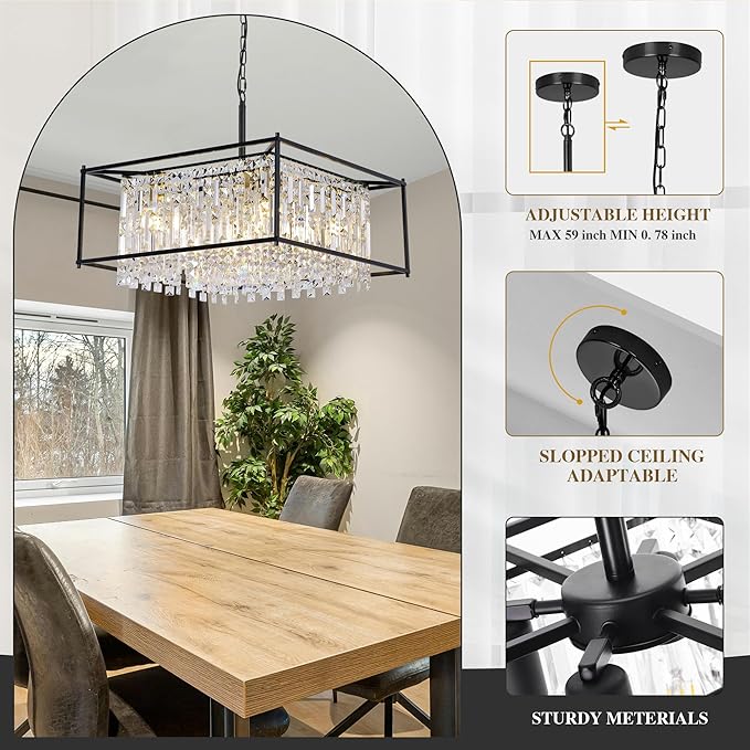 Black Chandeliers for Dining Room, Black Square Lndustrial Chandelier Crystal Pendant Light for Kitchen Island Dining Room Living Room Flat and Inclined Ceiling,L24 x W24 x H17.5