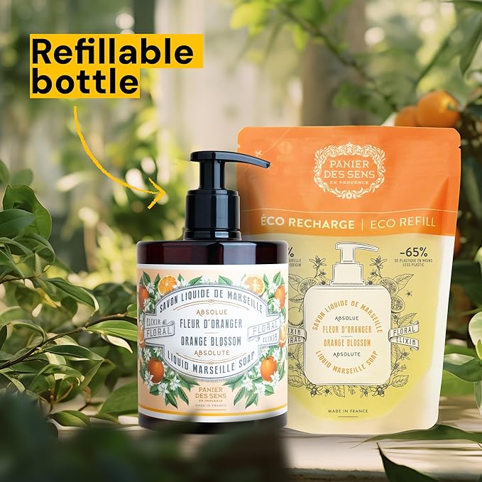 Panier des Sens - Moisturizing Hand Soap - Orange Blossom Gourmand Fragrance - French Traditional Savon de Marseille Soap - Refillable Kitchen & Bathroom Soap - 16.9 Fl.oz Liquid Hand Wash 96% Natural