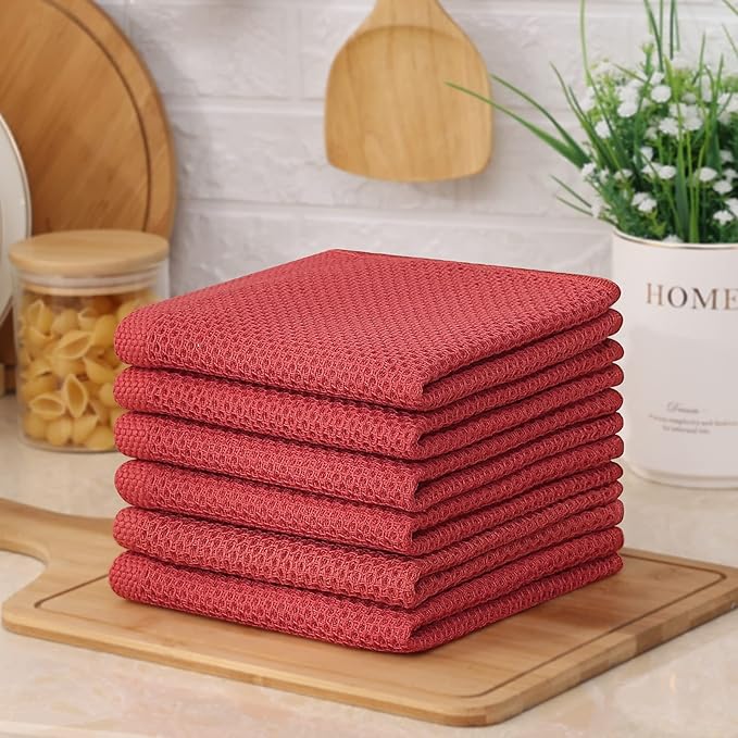 Kitinjoy 100% Cotton Kitchen Dish Cloths, 6 Pack Waffle Weave Ultra Soft Absorbent Dish Towels for Drying Dishes Quick Drying Kitchen Towels Dish Rags, 12 X 12 Inches, Brick Red