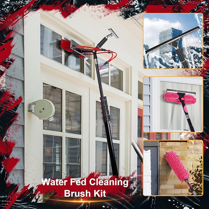24FT Solar Panel Cleaning Brush & Squeegee Kit, Proffesional Window Washing Tool, 22in Wide Brush & 2 Dusting Brush, Water Fed Pole, Extendable Telescopic Pole for Roof Mounted Solar Panels