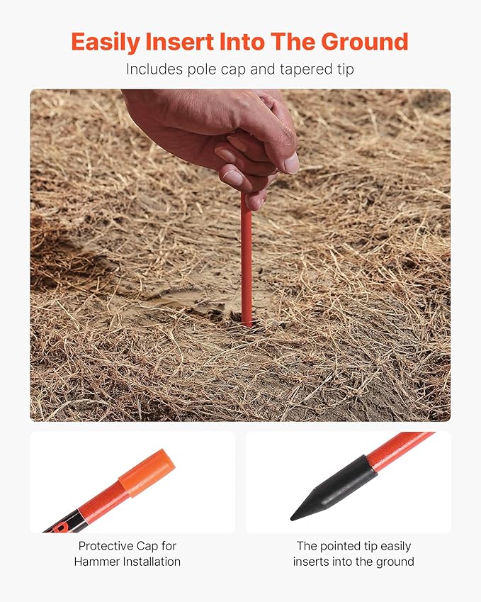 VEVOR Driveway Markers, 50Pcs 60 in Long 5/16 in Dia, Hi-Visibility Driveway Reflectors with 12 in Steel Drill Bits, Reflective Snow Sticks Fiberglass Pole for Parking Lots, Walkways, Snow Plowing