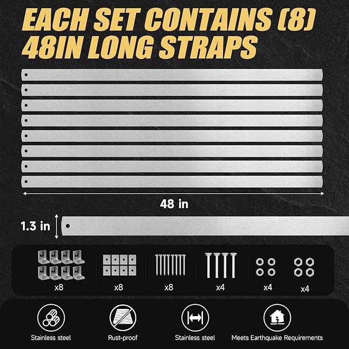 4 Sets Water Heater Earthquake Straps, Water Heater Strap Kit for 80 Gallon Water Tank, Expansion Tank Mounting Bracket with Installation Accessory -Stainless Steel Straps