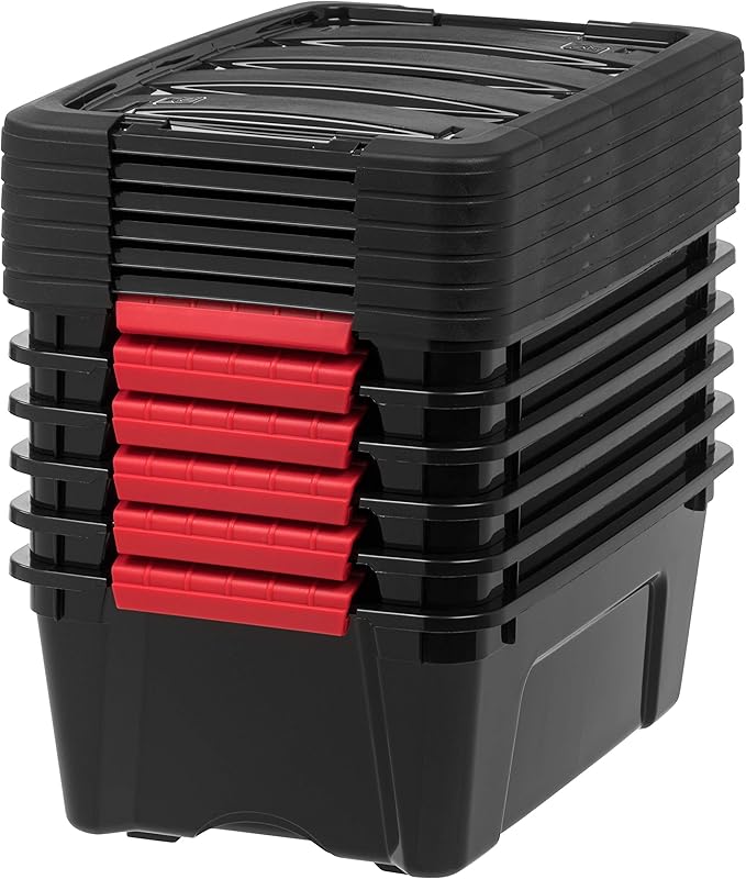 IRIS USA 12 Quart Hard Plastic Stack and Pull Closet Black Storage Box with Built In Handles, 6 Pack