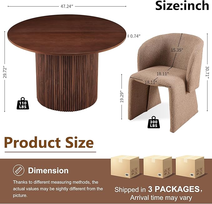 Dining Table Set for 2, 47" Circle Kitchen Table and Brown Upholstered Barrel Dining Room Chairs, Rustic Dinette Set, Engineered Wood Two-Part Tabletop with Walnut Finish