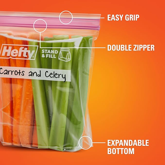 Hefty Press to Close Plastic Bags for Food Storage, Quart Size, 25 Count