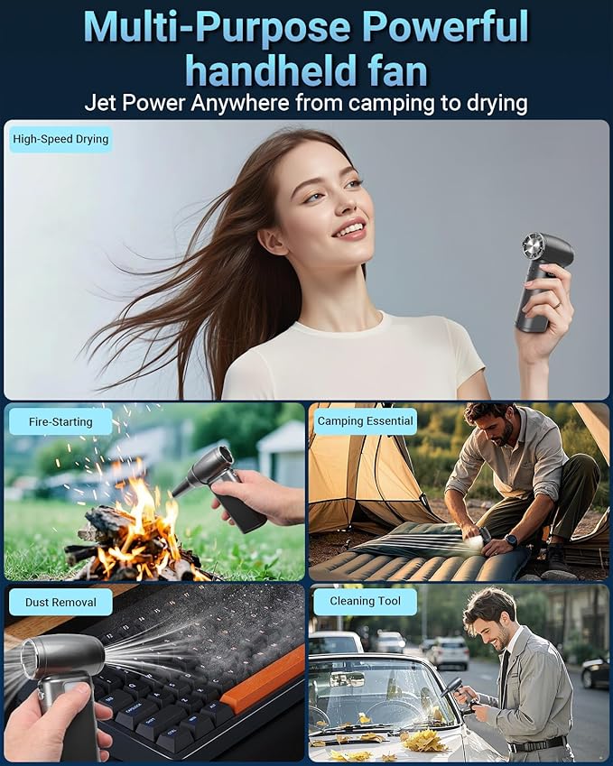 Handheld Mini Turbo Fan 120000RPM 6-Speed Turbo Power 9000mAh Portable High Speed Cooling Air Blower Cordless Air Duster Hair Dryer with LCD Display SOS Light for Travel Outdoor