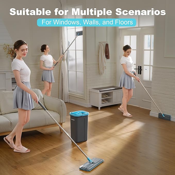 JOYMOOP Flat Mop, Microfiber Mops for Floor Cleaning and Wall Cleaner, 60" Long Handle with Flexible 13" Flat Head with a Microfiber Mop Pad - Grey & Cyan Blue