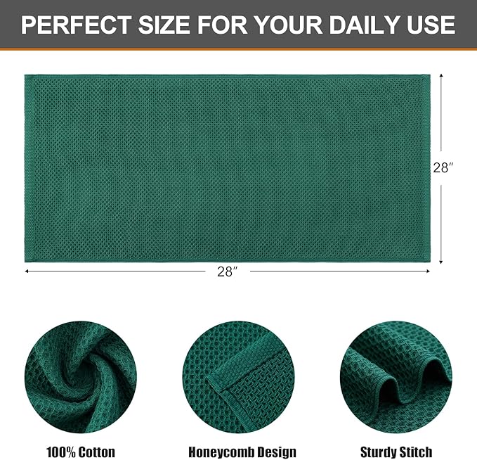 Kitinjoy 100% Cotton Waffle Weave Kitchen Towels, 8-Pack Super Soft and Absorbent Dish Towels for Drying Dishes, Kitchen Hand Towels, 13 in x 28 in, Dark Green