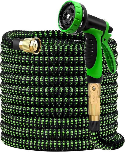 50FT Expandable Garden Hose - with 10-Function Spray Nozzle - Lightweight, Flexible, 3/4" Solid Brass Fittings-Green