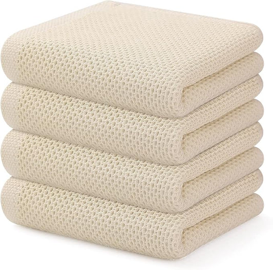 Kitinjoy 100% Cotton Waffle Weave Kitchen Towels, 4-Pack Super Soft and Absorbent Dish Towels for Drying Dishes, Kitchen Hand Towels, 13 in x 28 in, Beige