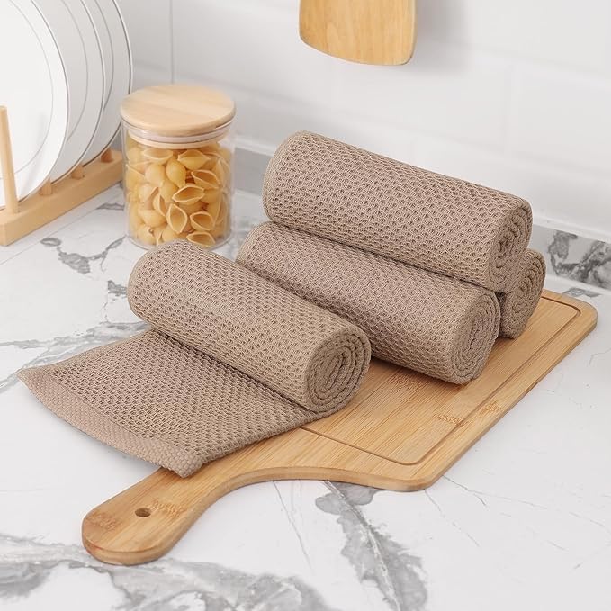 Kitinjoy 100% Cotton Waffle Weave Kitchen Towels, 6-Pack Super Soft and Absorbent Dish Towels for Drying Dishes, Kitchen Hand Towels, 13 in x 28 in, Tan