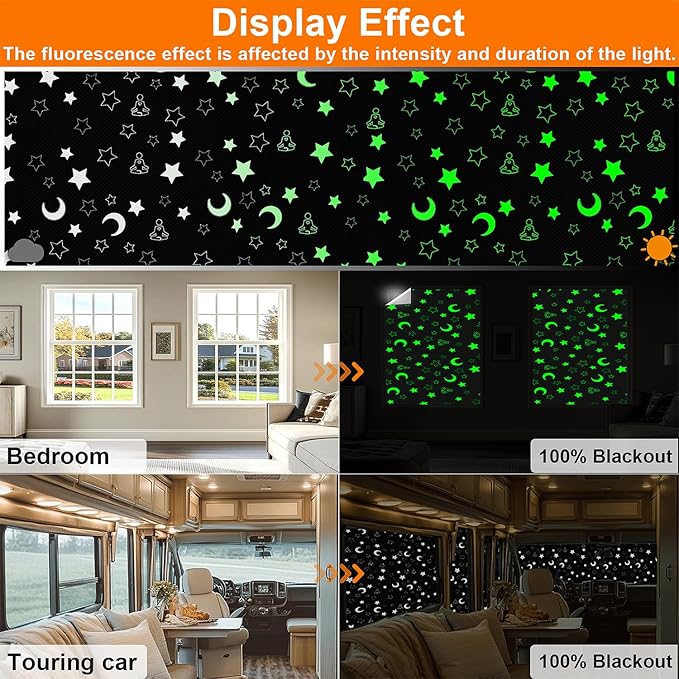 100% Upgraded Blackout Curtains, 98"x57" Portable DIY Blinds, No Drill Travel Blackout Blinds Sunblock Window Cover Black Out Curtains for Bedroom, Nursery, Travel, Touring Car (Star & Moon)