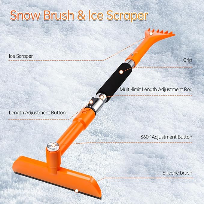 49.2inch Ice Scraper with Snow Brush, Ice Scrapers for Car Windshield,Extendable Snow Removal Tool for Car Window with Foam Grip,360° Silicone Brush Head for Car Auto Truck SUV (Orange)