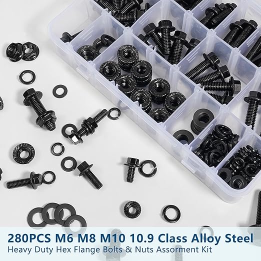 280PCS Heavy Duty Hex Flange Bolts and Nuts Kit,M6 M8 M10 Nuts and Bolts Assortment Kit,10.9 Class Alloy Steel Metric Bolt Assortment with Storage Box