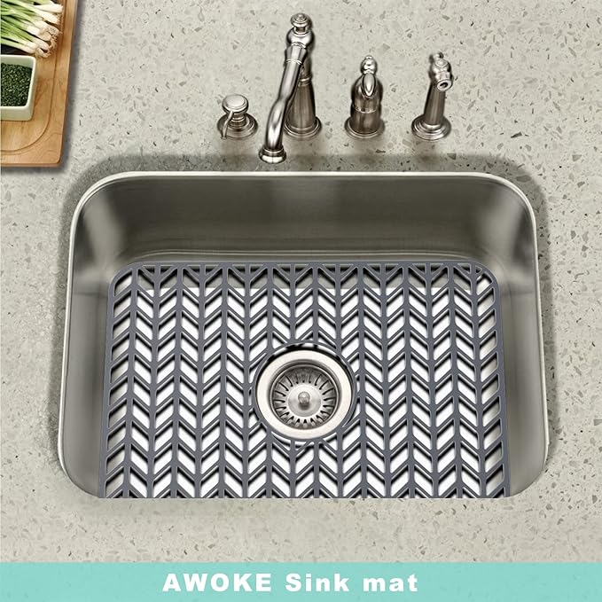 AWOKE Sink Protectors for Kitchen Sink | 16.2"x 12.5" Kitchen Sink Mats for Bottom of Kitchen Sink | Sink Inserts for Kitchen Sink of Stainless Steel Sink | Center Drain (Grey)