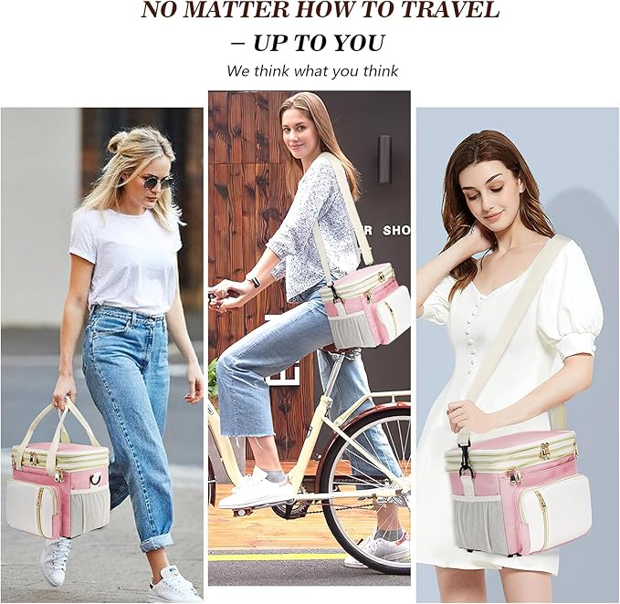 LOKASS Expandable Lunch Box for Women | Adult Lunchbag Cooler Tote Bag with Adjustable Shoulder Strap | Insulated Reusable Womens Lunch Bags for Work Camping Beach | 16L, Pink