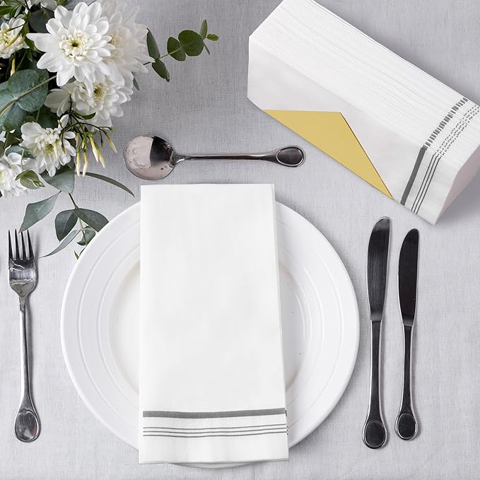 100 Disposable Paper Hand Towels for Bathroom, Linen Feel Guest Towels, Soft and Absorbent Paper Towels Napkins Bulk for Home Dinner Kitchen Wedding, 12" x 17"(Silver Trim Lined)