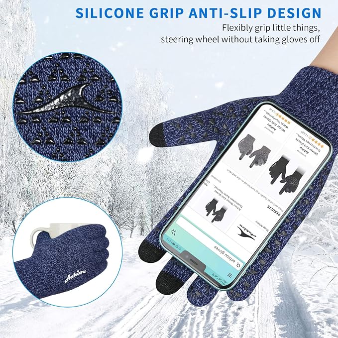 Achiou Winter Gloves for Men Women, Touch Screen Gloves, Upgraded Thicken Anti-Slip Silicone Gel, Thermal Soft Knit Lining