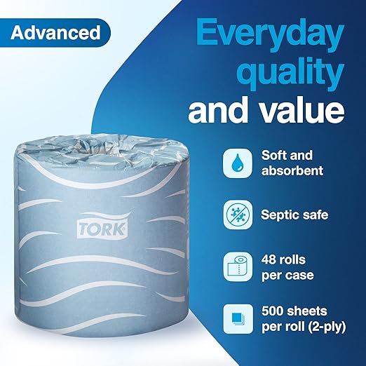 Tork Bath Tissue Roll Advanced 2-ply For everyday use at home Biodegradable 4x3.75", 500 sheets/roll, 48 rolls/case