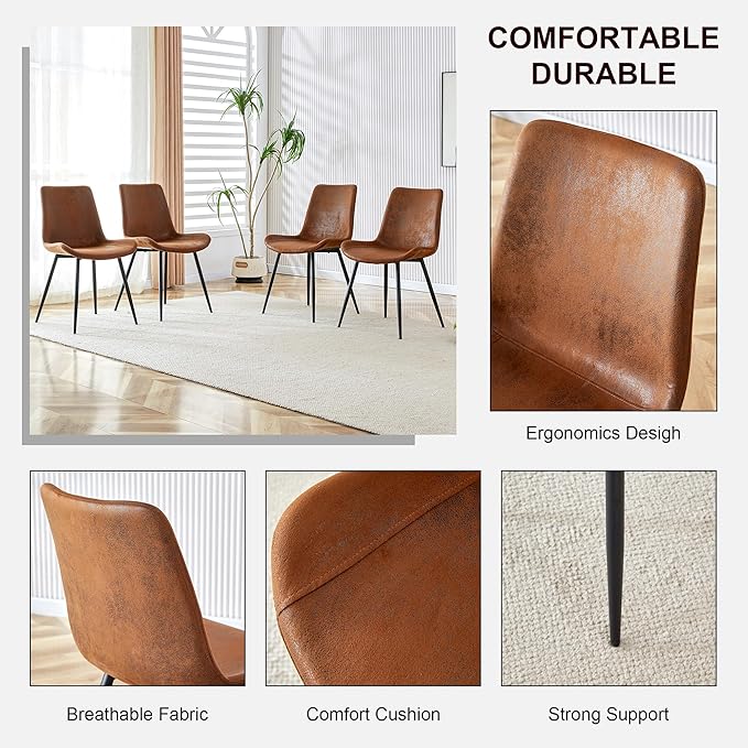 Marble Modern Dining Table Set for 4, 50" Sintered Stone Kitchen Table and 4 Upholstered Suede Leather Chair Dining Room Table Set for 4(1Marble Table and Brown Chairs Set of 4)