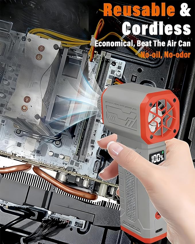 Compressed Air Duster, 130K RPM Powerful Cordless Electric Mini Blower with Display, 10-Gear Adjustable Jet Fan with Fast Charging, Rechargeable Air Blower for Home, Outdoor and Car (Gray, Blow)