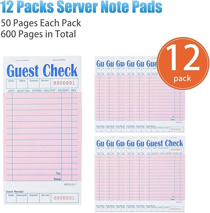12 Pack Pink Guest Checks Books for Servers Server Note Pads, Waiter Checkbook, Waitress Notepad for Restaurants, Paper Checks 50 Sheets/Pack, 600 Total Tickets