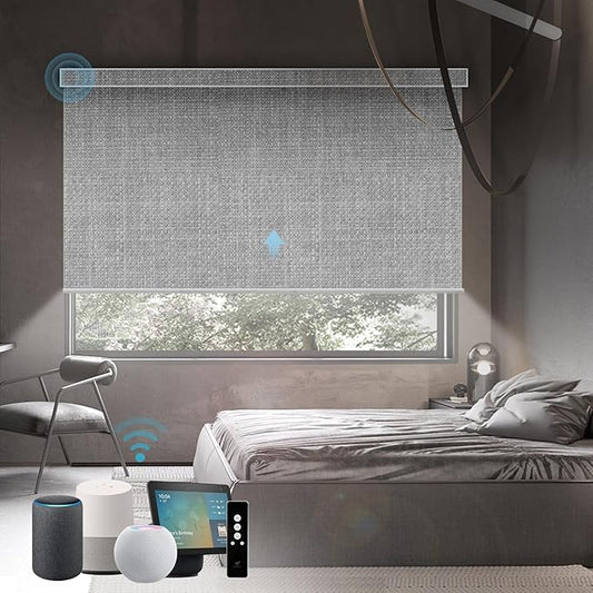 SmartWings Motorized Roller Shades Work with Homekit, 100% Blackout Smart Blinds for Windows, Cordless Remote Control Window Shades, Vigor Pale Grey, Customized Size