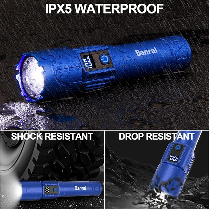 Banral Rechargeable Tactical Flashlights High Lumens - 5000mAh Super Bright LED Powerful Flash Light, Waterproof Handheld USB C Flashlight for Home,Car,Camping,Emergencies,5 Modes,Zoomable (1, Blue)