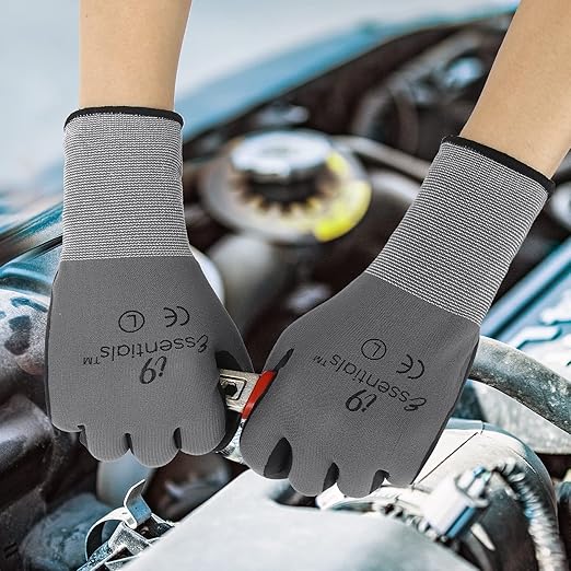 I9 Essentials 12 Pairs MicroFoam Nitrile Coated Work Gloves – Lightweight Grip Safety Gloves for Construction, Gardening, Assembly, Automotive & Warehouse Use (Large)