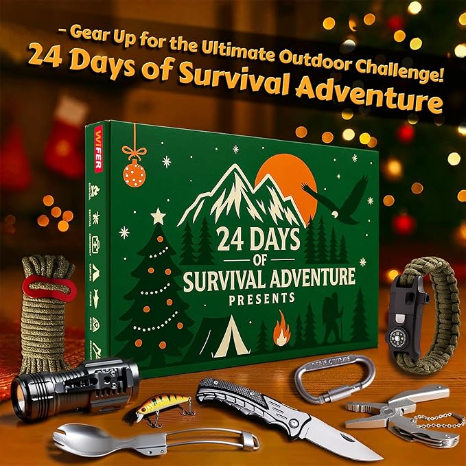 Survival Kit Advent Calendar 2025 for Men – 24 Days Christmas Countdown Survival Tools for Adult Teen, Xmas Holiday Surprise Gifts for Outdoor Enthusiasts, Camping, Fishing, Hunting, Hiking