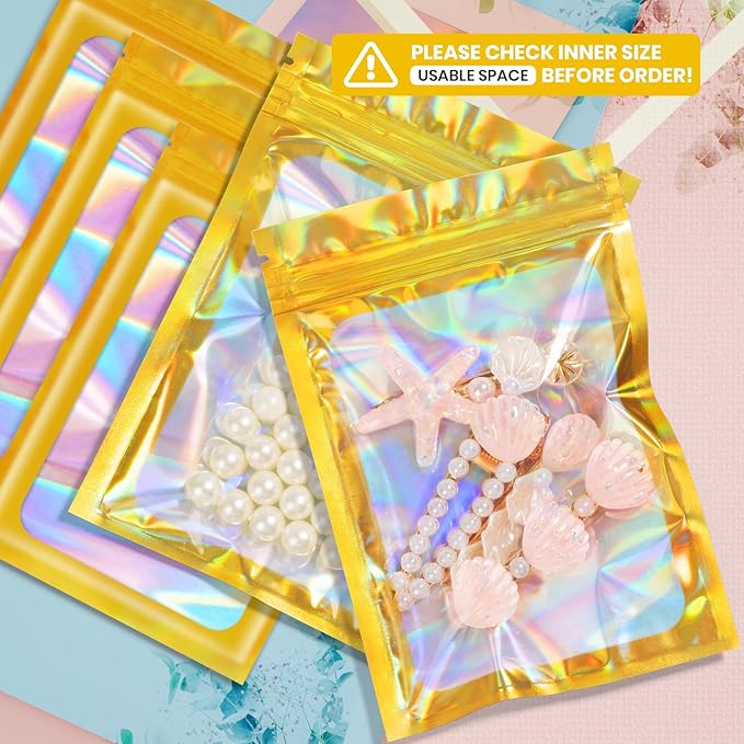 Funfery 100 pcs Gold Mylar Holographic Resealable Bags,Clear Packaging Bag Odor Proof Foil Pouch Bag for Food Storage, Lipgloss, Jewelry, Eyelash Packaging for Small Business - 6.3 x 9.4 Inch