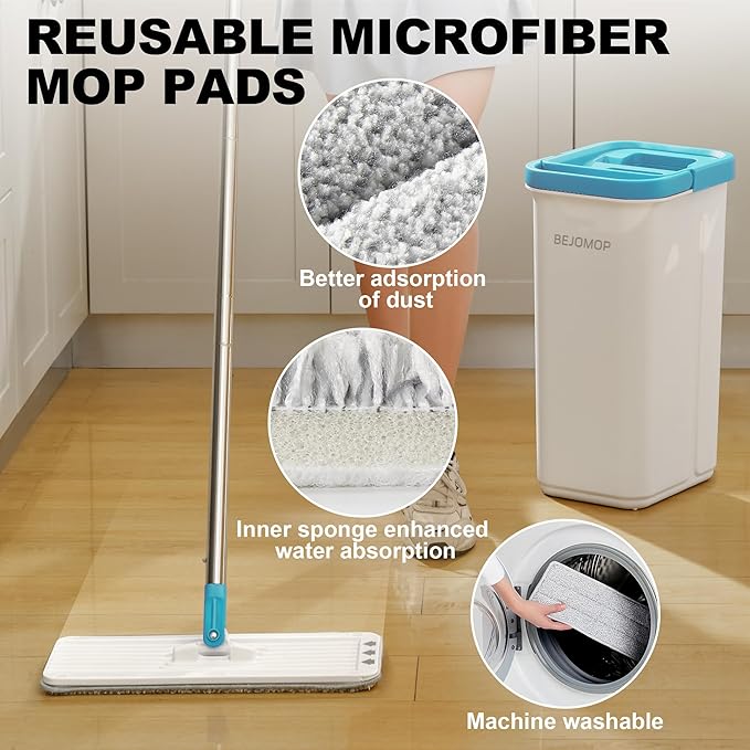 Mop and Bucket Set with Wringer, Turquoise-Cyan Wall Mop Cleaner with Long Handle, Squeeze Flat Mop and Bucket System, Dry & Wet Dust Mop for Household Floor Cleaning with 2 Microfiber Mops