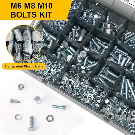 1004Pcs Grade 8.8 Metric Bolts Assortment, Hex Heavy Duty Bolts and Nuts Set, M6 M8 M10 (12mm to 45mm), Comes with 3 Bits（Zinc Plated）