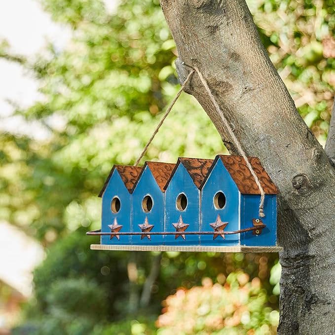 Glitzhome 17" L Distressed Solid Wood Birdhouse with Perch Decorative Garden Hanging Bird House for Outdoors,Retro Blue