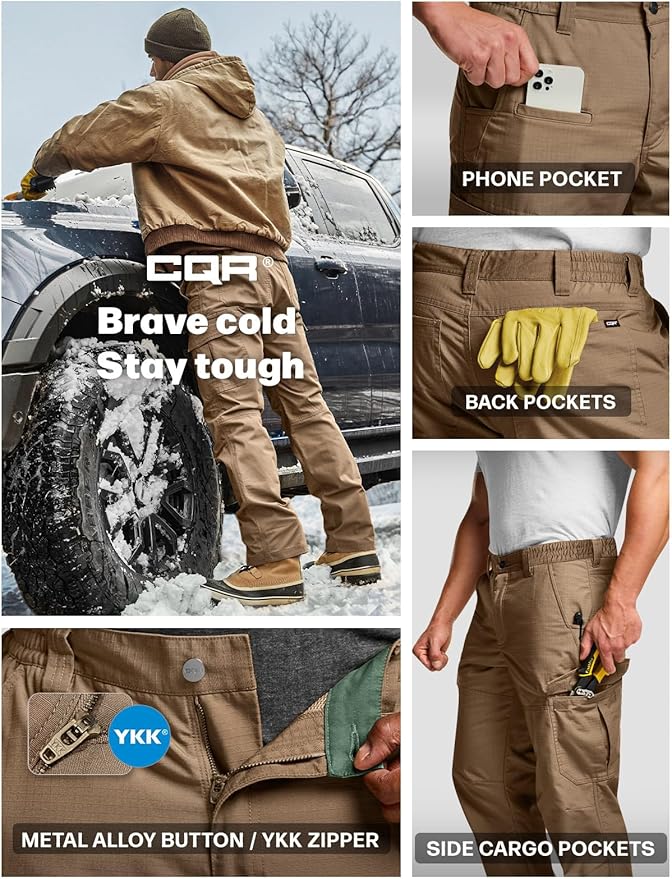 CQR Men's Winter Tactical Cargo Pants, Thermal Fleece Lined Outdoor Snow Ski Hiking Work