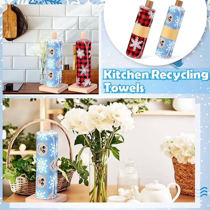 Redbaker 50 Pcs Reusable Paper Towels Paperless Reusable Cotton Cloths Toilet Absorbent Washable Paper Towels with Roll Kitchen Dishcloth for Kitchen Paperless Dishcloths(Snowman)