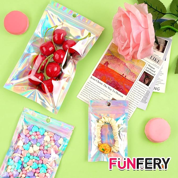 Funfery 300 Pack 3 Size Mylar Holographic Bags with Clear Window,Resealable Bag Smell Proof Foil Baggies Packaging Pouch for Food Storage,Sample,Small Business(Holographic,3x4.7,4x6,4.7x7.9in)