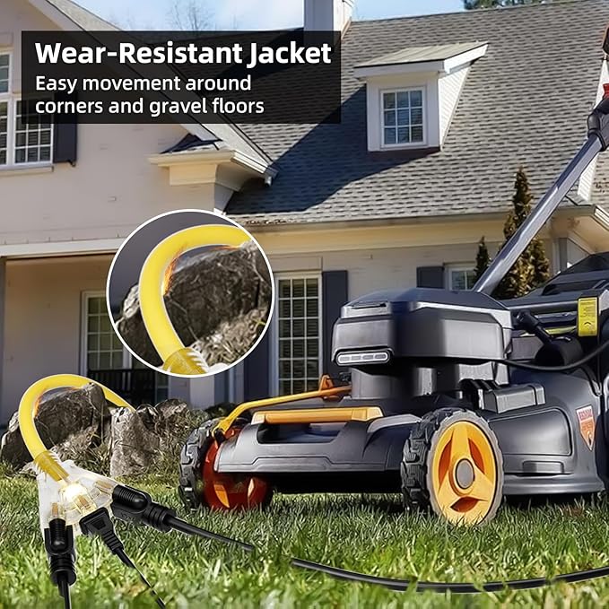 15 FT Outdoor Extension Cord with Multiple Outlets, 12 Gauge Heavy Duty Yellow Extension Cord Waterproof with 3 Outlet, 3 Prong Power Cord for Garden and Home Use Indicator Light, ETL Listed